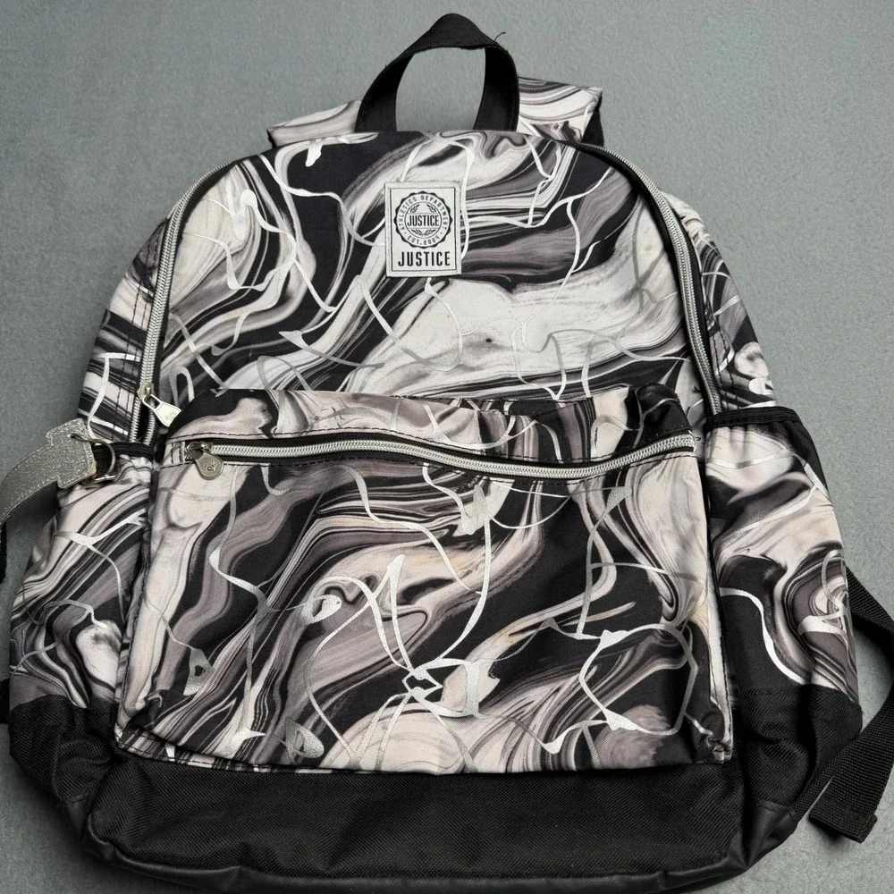 Justice Girls Black White Marble Swirl Backpack Silver Metallic Accents School